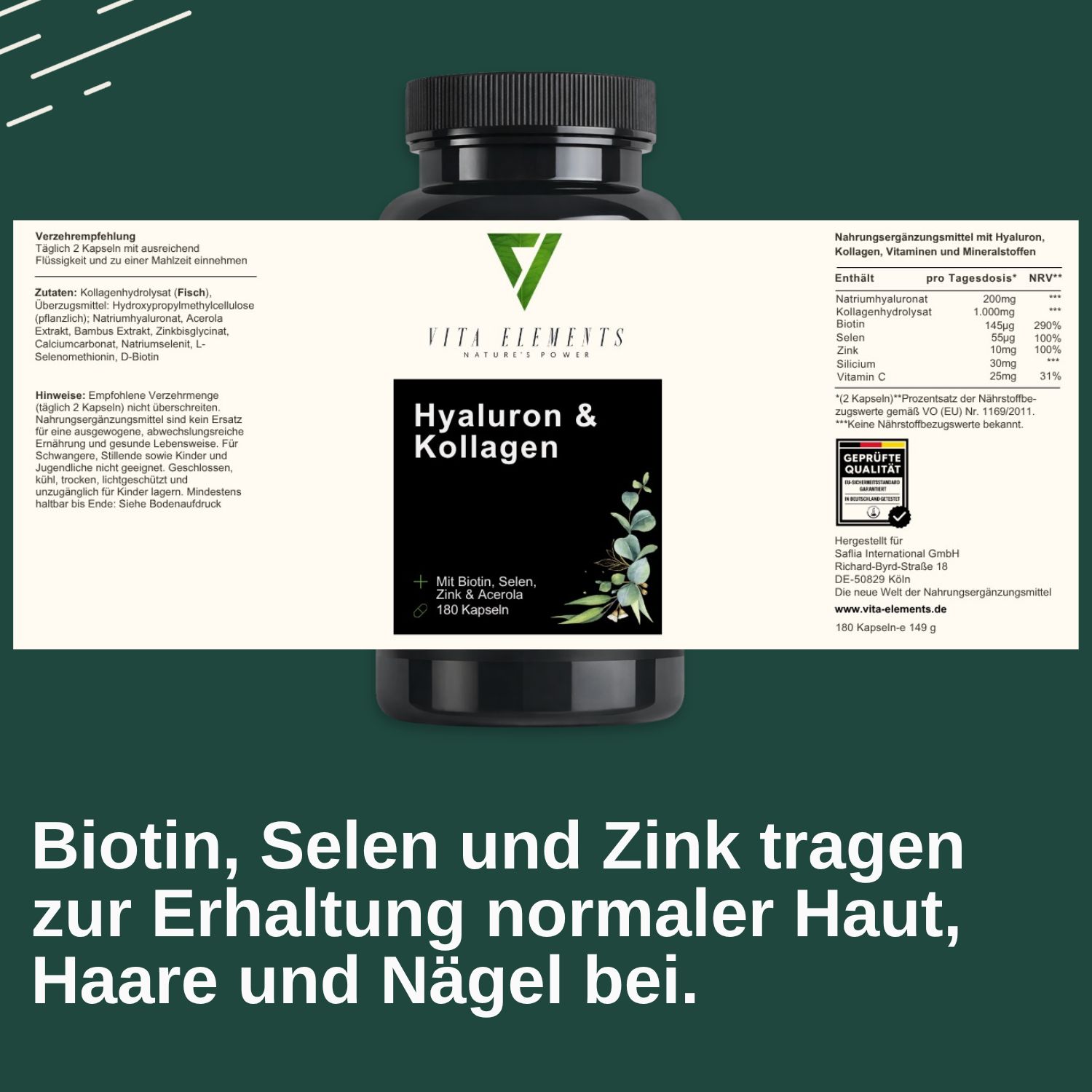 Etikett mit Vita Elements Hyaluron & Kollagen, Nährwertangaben und Siegel.