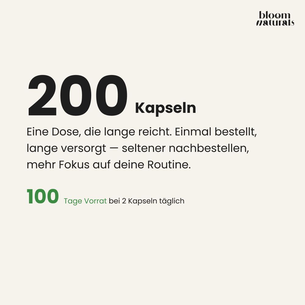 Große Zahl 200 mit dem Wort Kapseln. Text über 100 Tage Vorrat bei 2 Kapseln täglich.