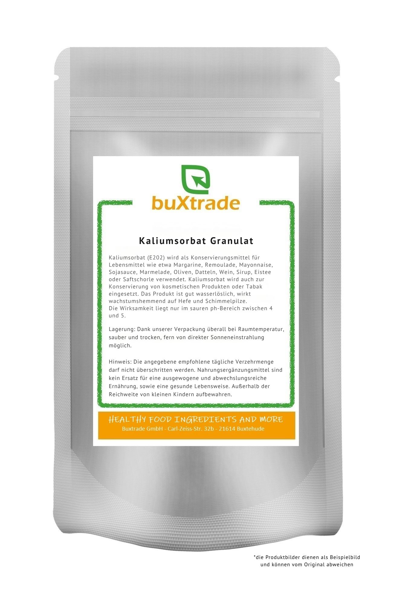 Beutel mit Etikett. Aufschrift: buXtrade Kaliumsorbat Granulat. Grün umrandetes Etikett mit Text. Logo oben links.
