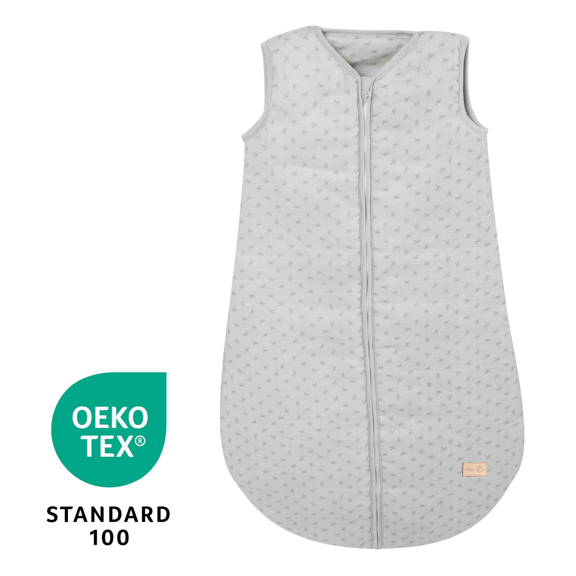 Grauer Schlafsack mit Muster und Reißverschluss. Oeko-Tex Standard 100. Helles Design, graue Einfassung.