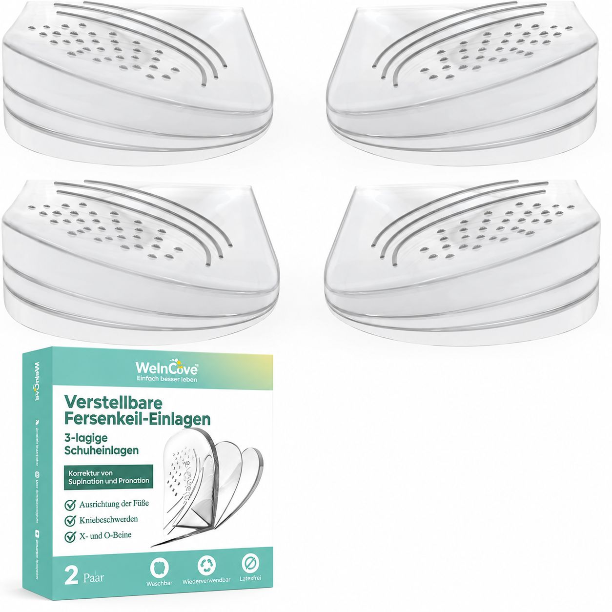Vier weiße Fersenkissen mit Perforation und eine Verpackung für 3-lagige, verstellbare Ferseneinlagen.