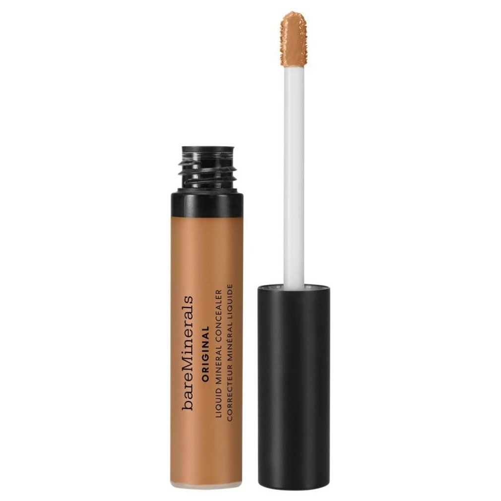Bareminerals Original Liquid Concealer. Braune Flüssigkeit in einer Flasche mit schwarzem Deckel und Applikator. Produktname und Text sichtbar.