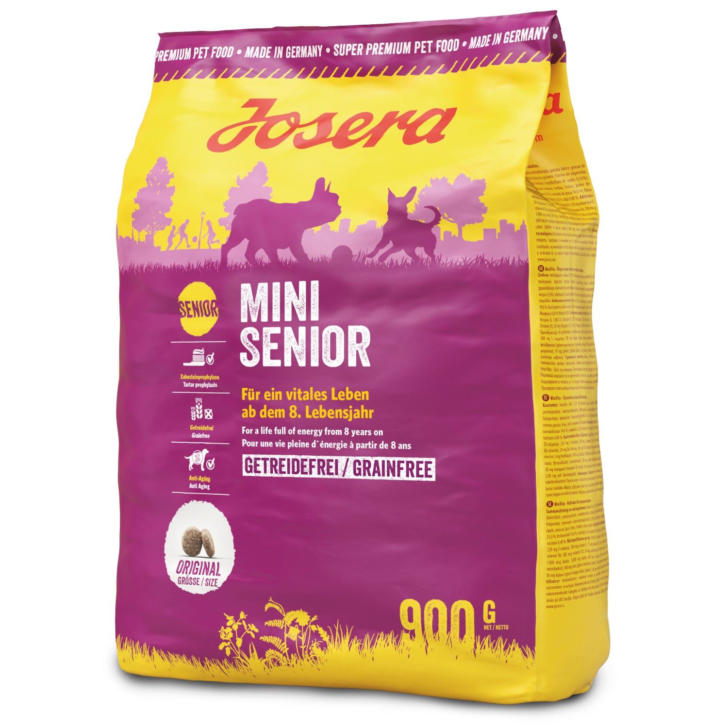 Gelb-violette Verpackung mit "Josera Mini Senior"-Aufdruck. Abbildung von Hunden. "Getreidefrei" und "900g" sind sichtbar.