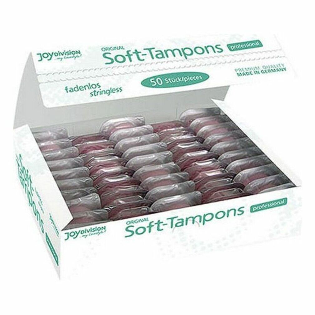 Geöffnete Schachtel mit Soft-Tampons. 50 Stück. Marke Joydivision. Einzeln verpackte Tampons. Text: Soft-Tampons, professional.