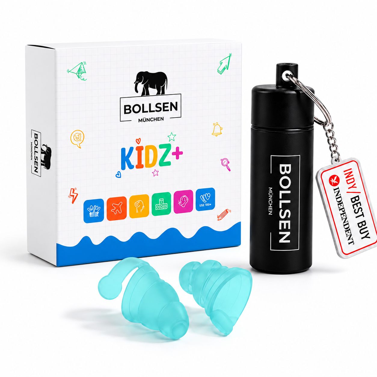 BOLLSEN Kidz+ Ohrstöpsel mit Etui und Verpackung. Zwei hellblaue Ohrstöpsel liegen neben einem schwarzen Etui.