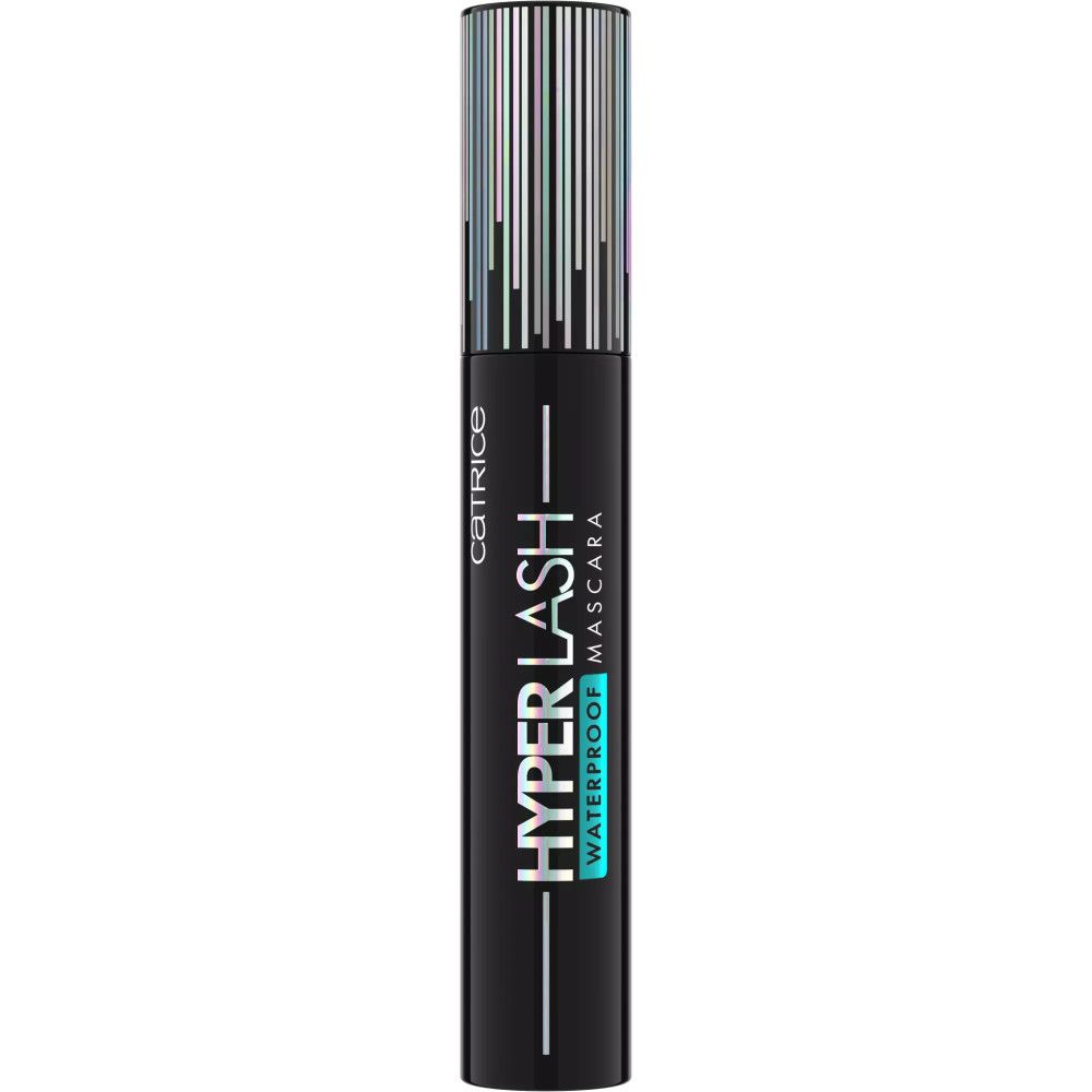 Schwarze Mascara-Tube mit silbernem Deckel. Text: Catrice, Hyper Lash Waterproof Mascara. Vertikale Linien auf dem Deckel.