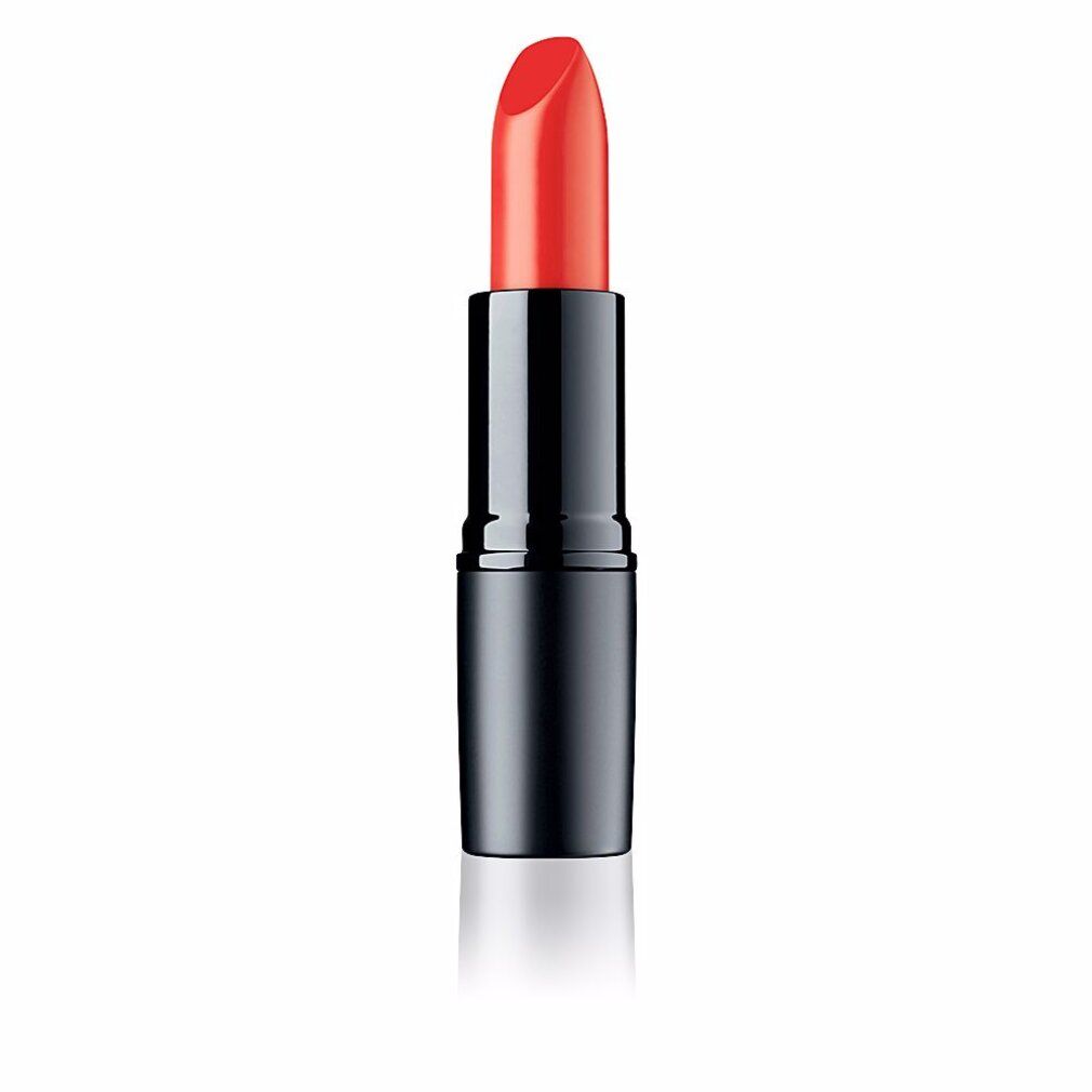 Orangey-roter Lippenstift in schwarzer Hülse. Der Lippenstift ist herausgedreht.