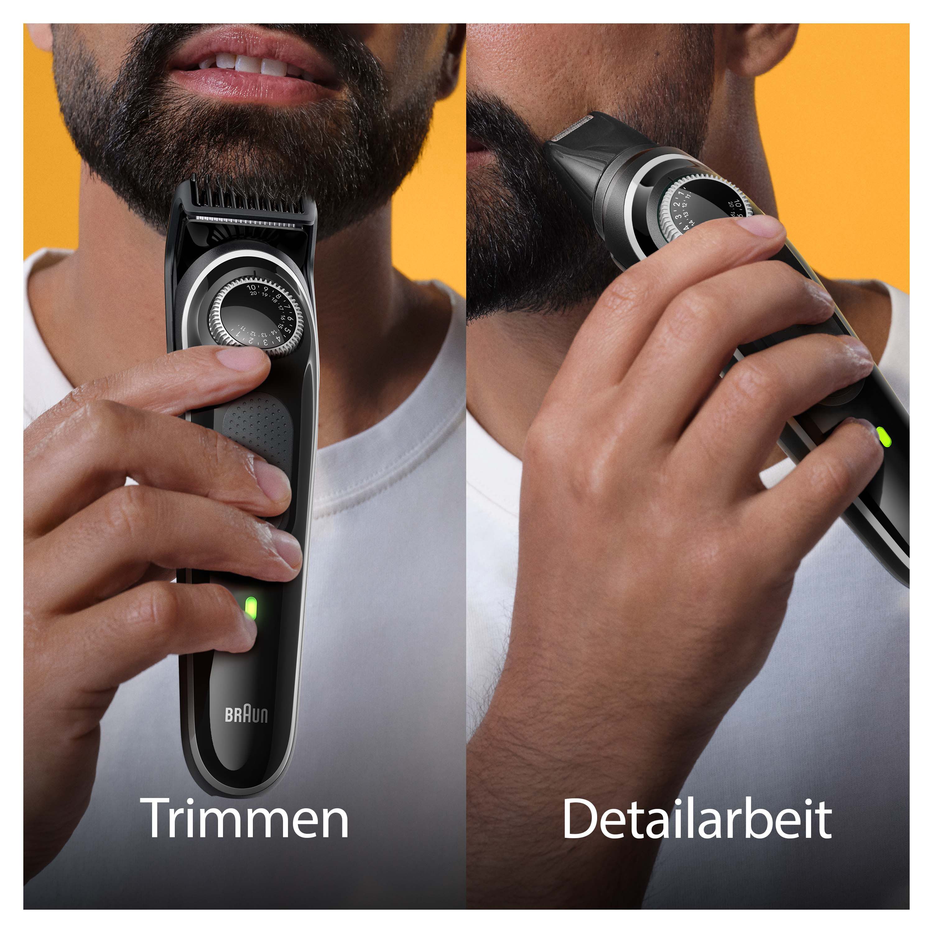 Mann trimmt Bart mit Braun Bartschneider BT3440. Präzises Styling zu Hause.