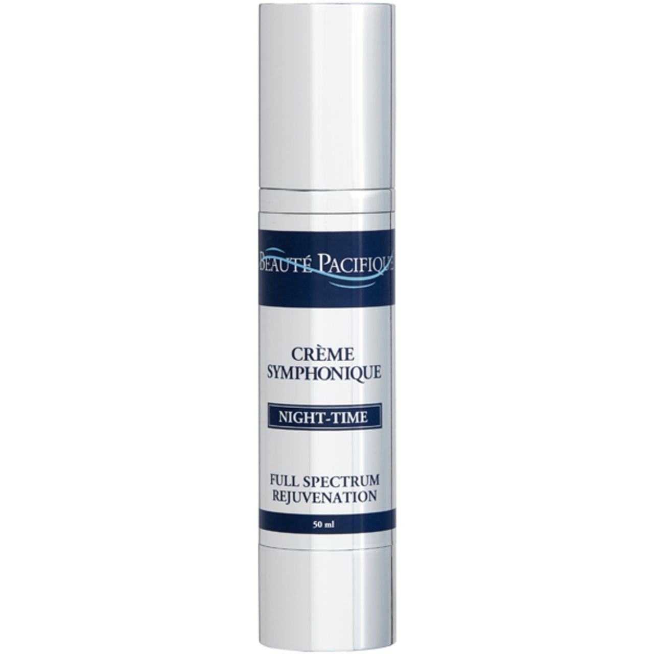 Creme Symphonique Night-Time. Weiße Flasche mit blauem Etikett. Text: Beauté Pacifique, Creme Symphonique, Night-Time, Full Spectrum Rejuvenation.