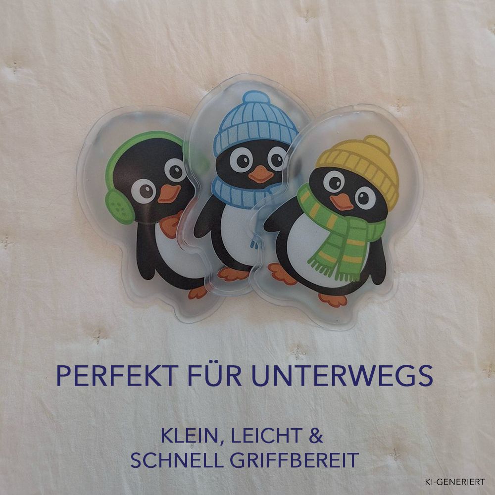 Drei Pinguin-Wärmekissen liegen nebeneinander auf einer weichen Unterlage.