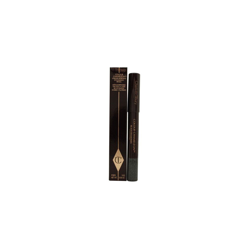 Schwarzer Charlotte Tilbury Colour Chameleon Eye Shadow Pencil und Verpackung. Goldfarbene Schrift auf schwarzem Hintergrund. Produkt steht.
