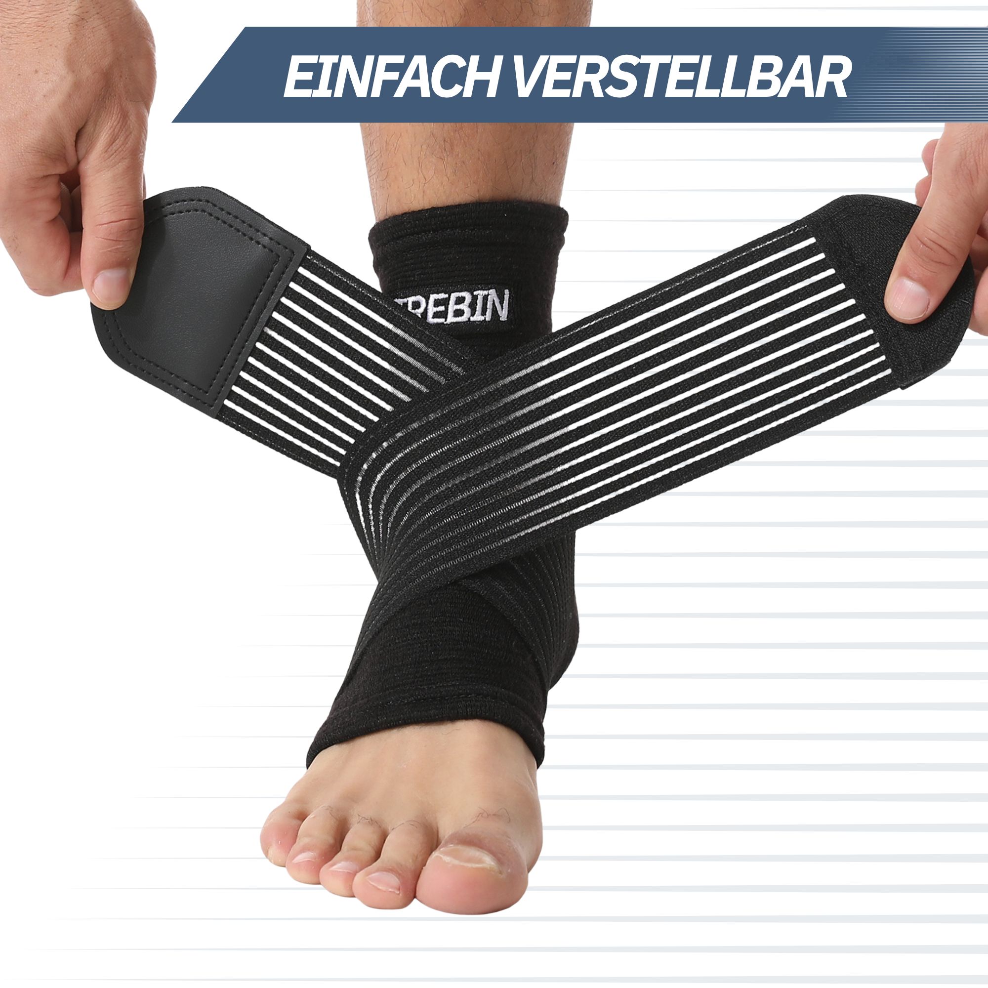 Schwarzes Fußgelenkband mit "TREBIN"-Logo und herausnehmbaren Stabilisatoren.