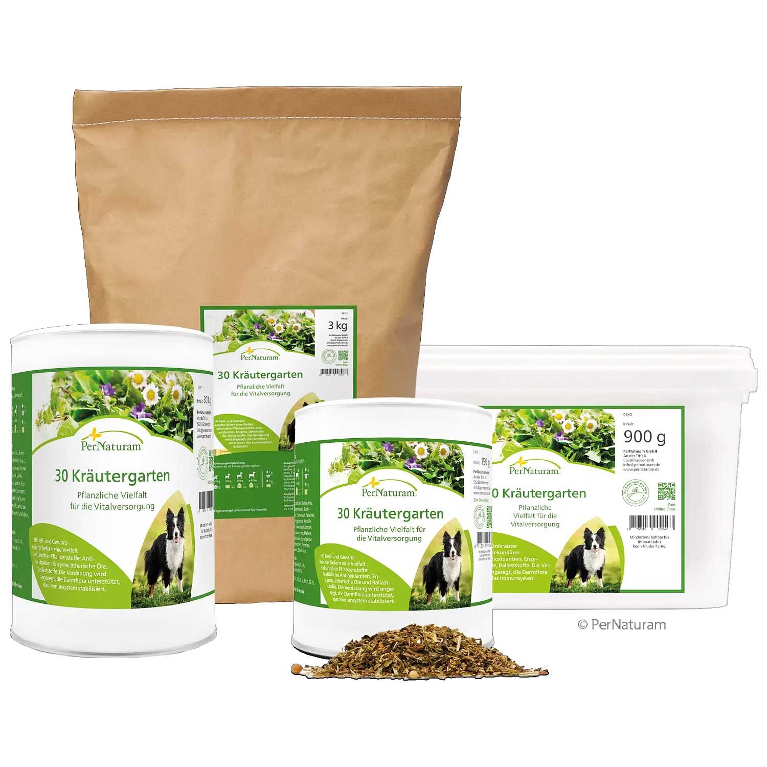 Beutel und Behälter mit Produktetiketten. Aufschrift '30 Kräutergarten'. Hund auf Etikett.