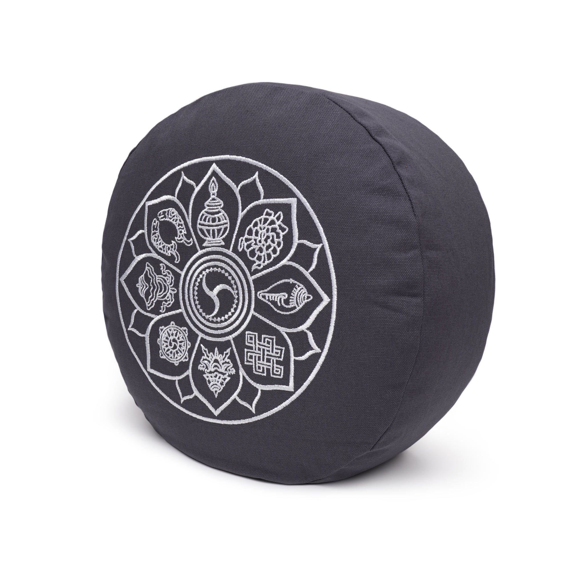Rundes, graues Meditationskissen mit einem detaillierten weißen Glückssymbol-Mandala.
