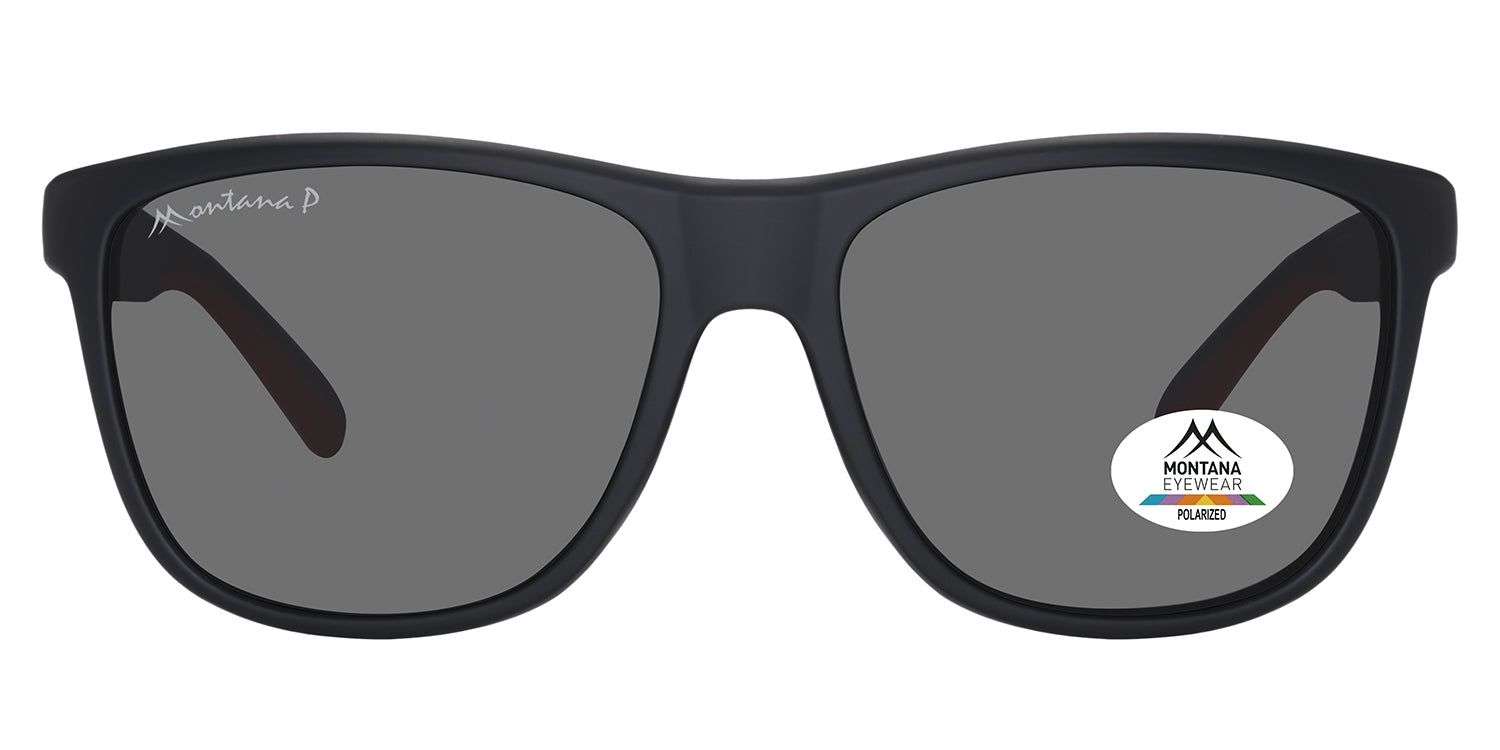 Schwarze Sonnenbrille mit grauen Gläsern. Montana Eyewear Logo auf dem Bügel und Glas. Polarisiert.