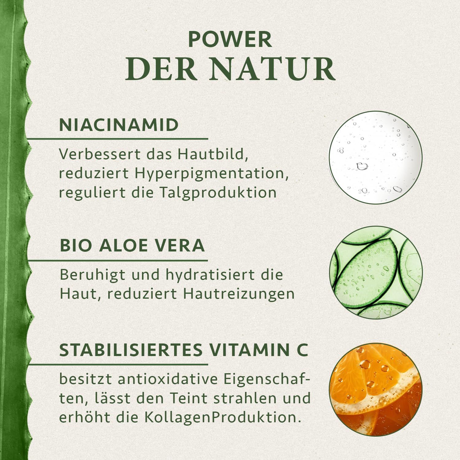 Grafik mit Inhaltsstoffen: Niacinamid, Bio Aloe Vera, Stabilisiertes Vitamin C. Text: Verbessert Hautbild, reduziert, reguliert Talgproduktion, beruhigt, hydratisiert.