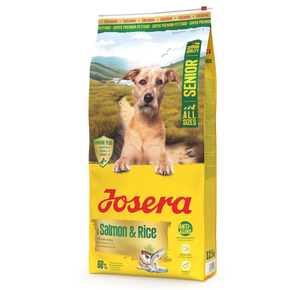 Josera Senior Lachs & Reis Hundefutter-Sack mit Hundebild und Produktinformationen.