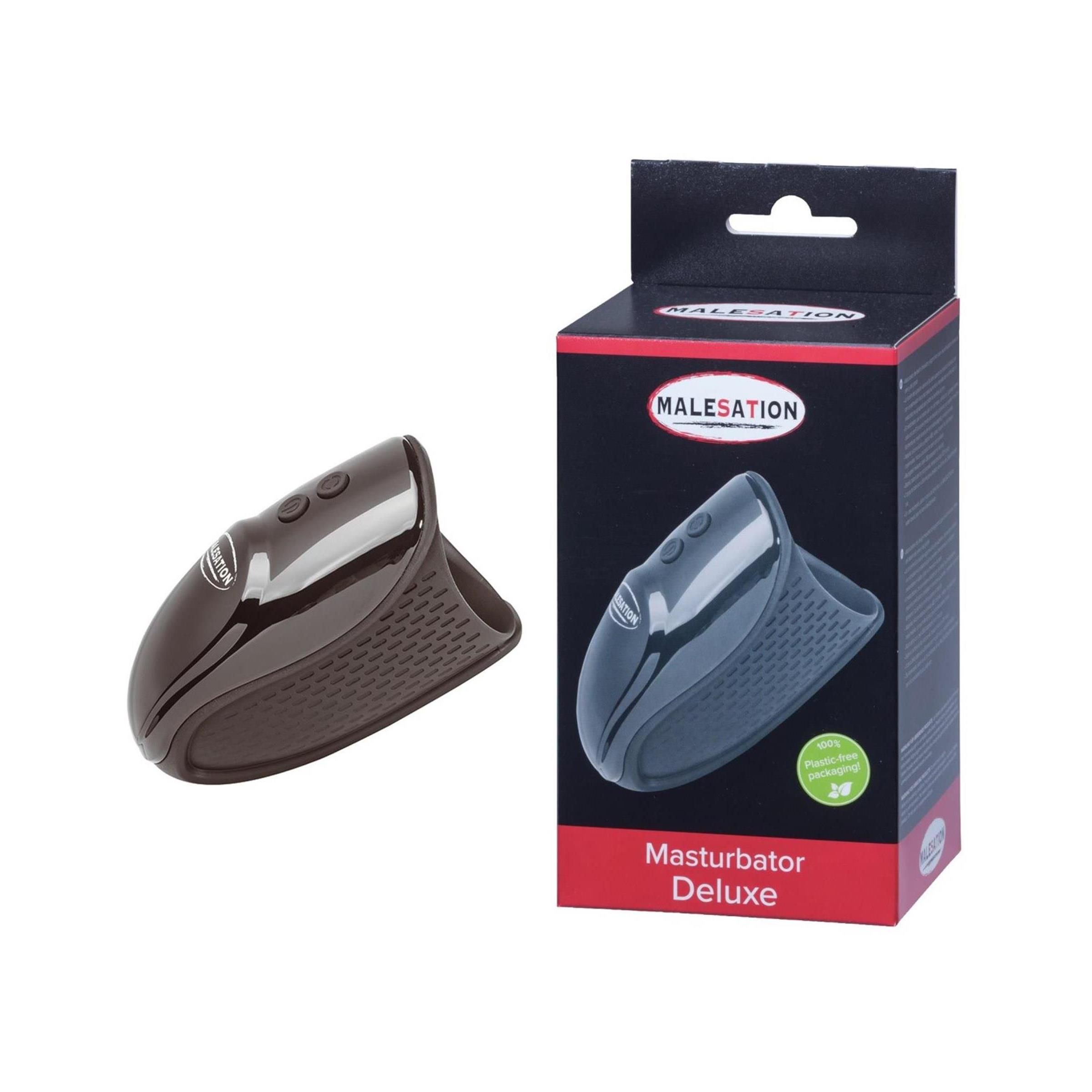 Masturbator 'Deluxe'. Braun, mit Bedienknöpfen. Verpackung mit Produktabbildung und Schriftzug 'MALESATION'.