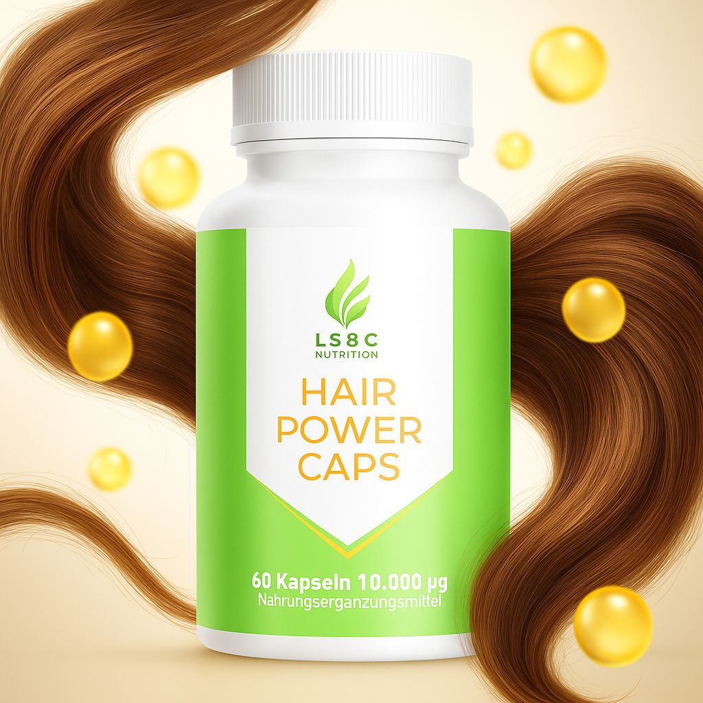 Weiße Flasche mit grüner Beschriftung. Haarsträhnen und gelbe Kugeln im Hintergrund. Aufschrift: Hair Power Caps, LS&C Nutrition.