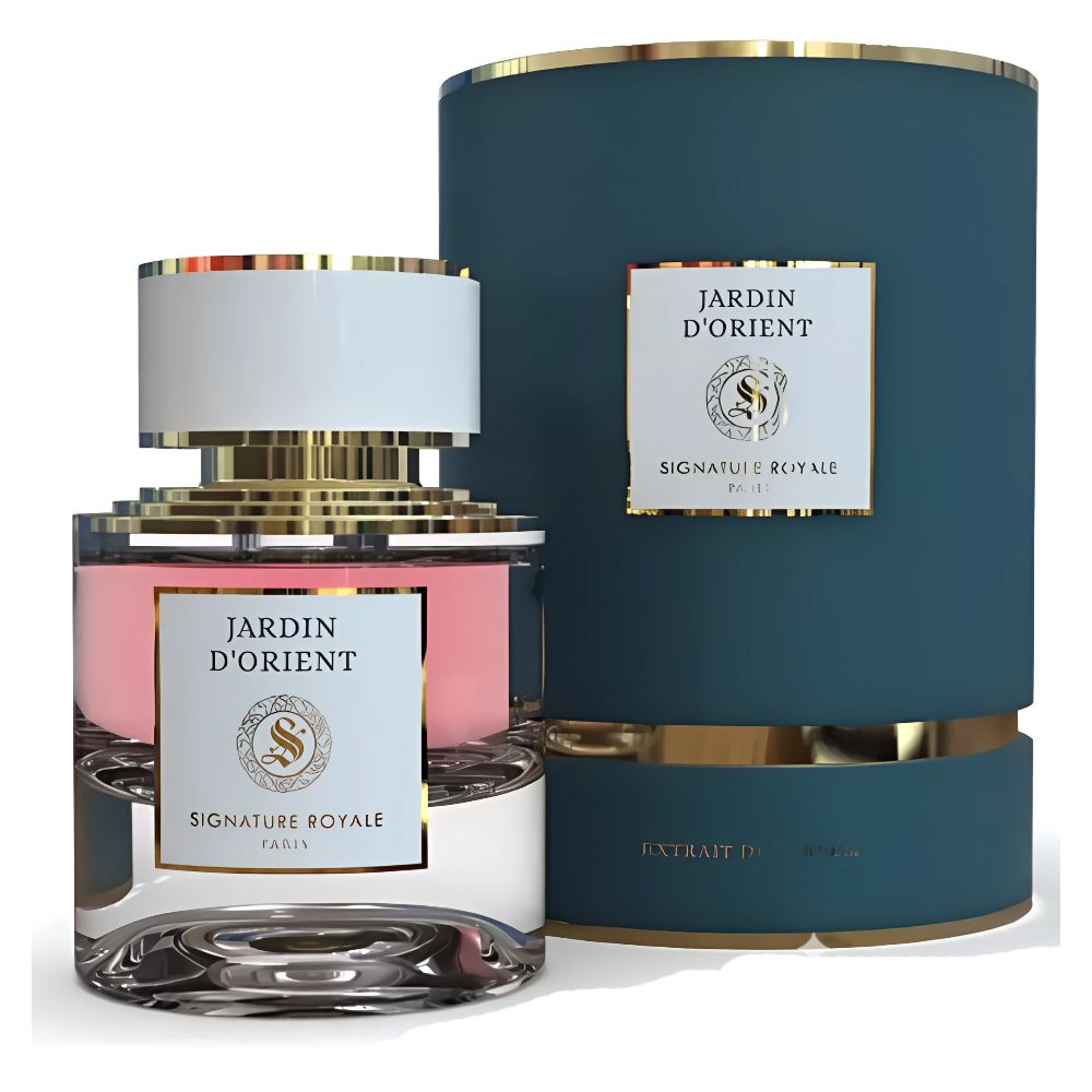 Parfümextrakt in Glasflakon mit weißem Deckel und goldfarbenen Elementen. Blaue Verpackung mit goldfarbenem Rand. Aufschrift: Jardin d'Orient, Signature Royale.