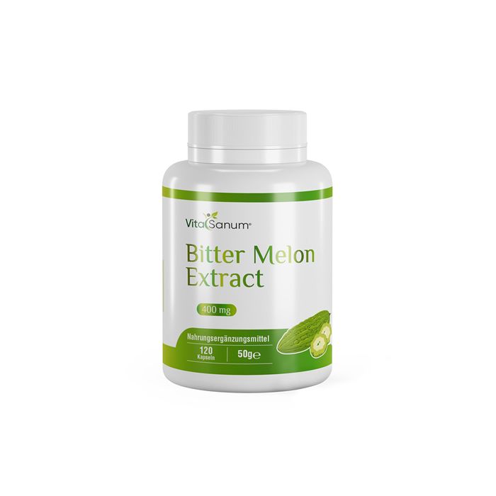 Weiße Flasche mit grünem Etikett. Aufschrift: Bitter Melon Extract, 800 mg, 120 Kapseln. Logo: VitaSanum.