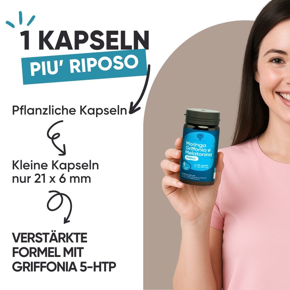 Flasche RedMoringa Melatonin. 60 pflanzliche Kapseln. 1 Monat Behandlung.