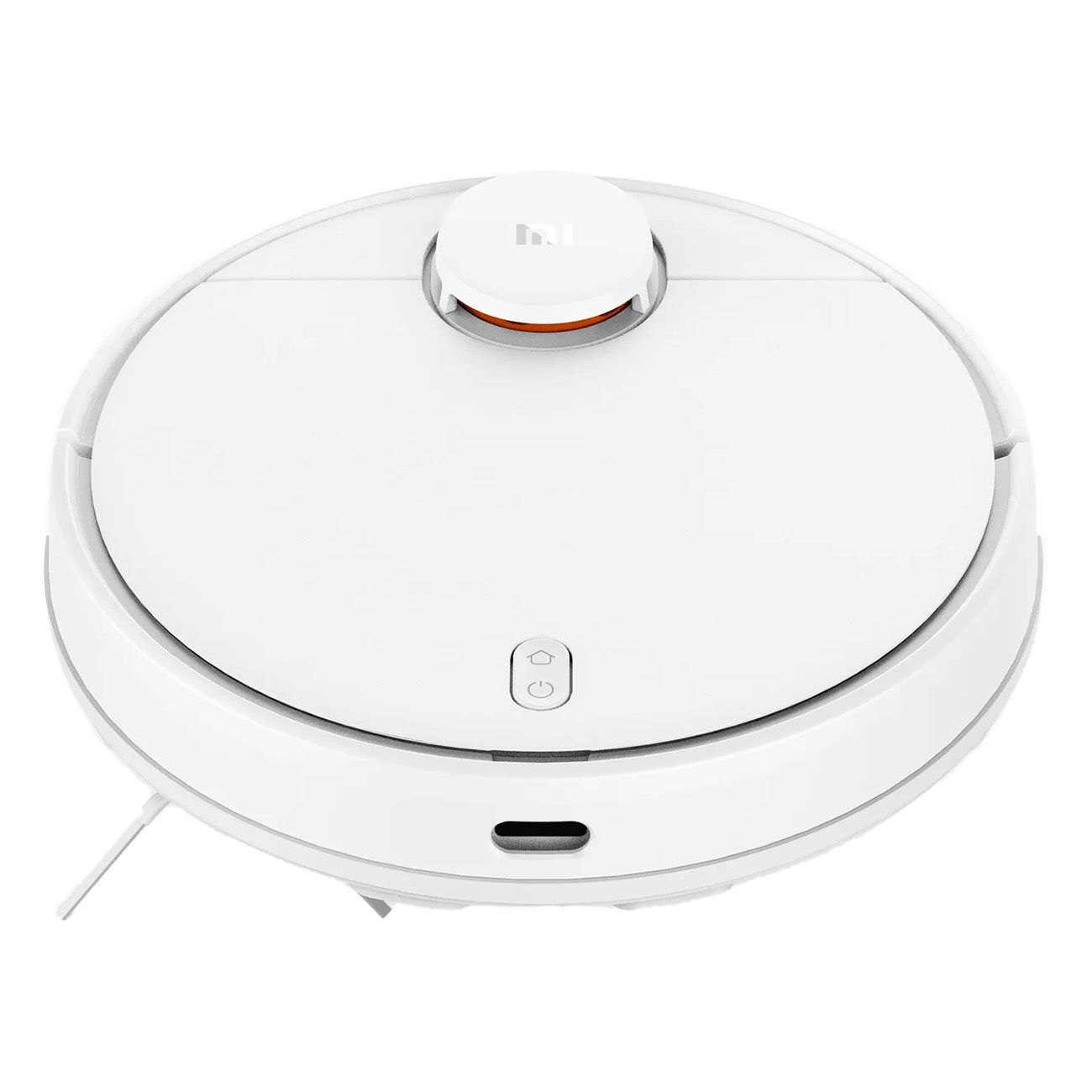 Weißer, runder Roboterstaubsauger. Oberansicht mit Bedienelementen.