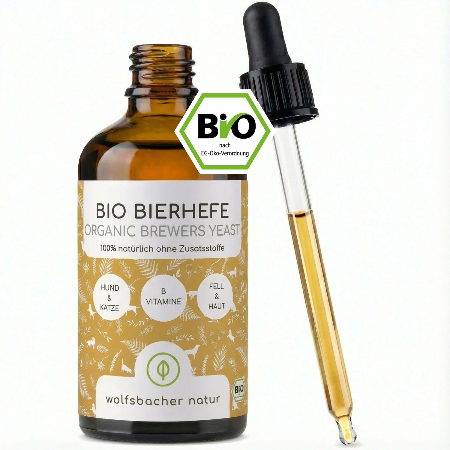Braune Glasflasche mit Tropfer. Etikett: BIO Bierhefe, 100% natürlich ohne Zusatzstoffe. Bio-Siegel. Tropfer daneben.