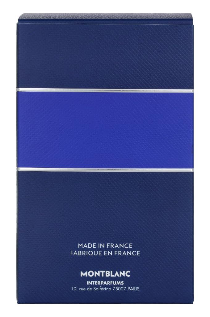 Rückseite des blauen Kartons. MADE IN FRANCE. Montblanc-Logo. Adresse: 10, rue de Salférino 75007 Paris.