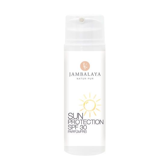 Weiße Flasche mit Sprühkopf. Aufschrift: Jambalaya Natur Pur, Sun Protection SPF 30, parfümfrei. Gelbes Sonnen-Symbol.