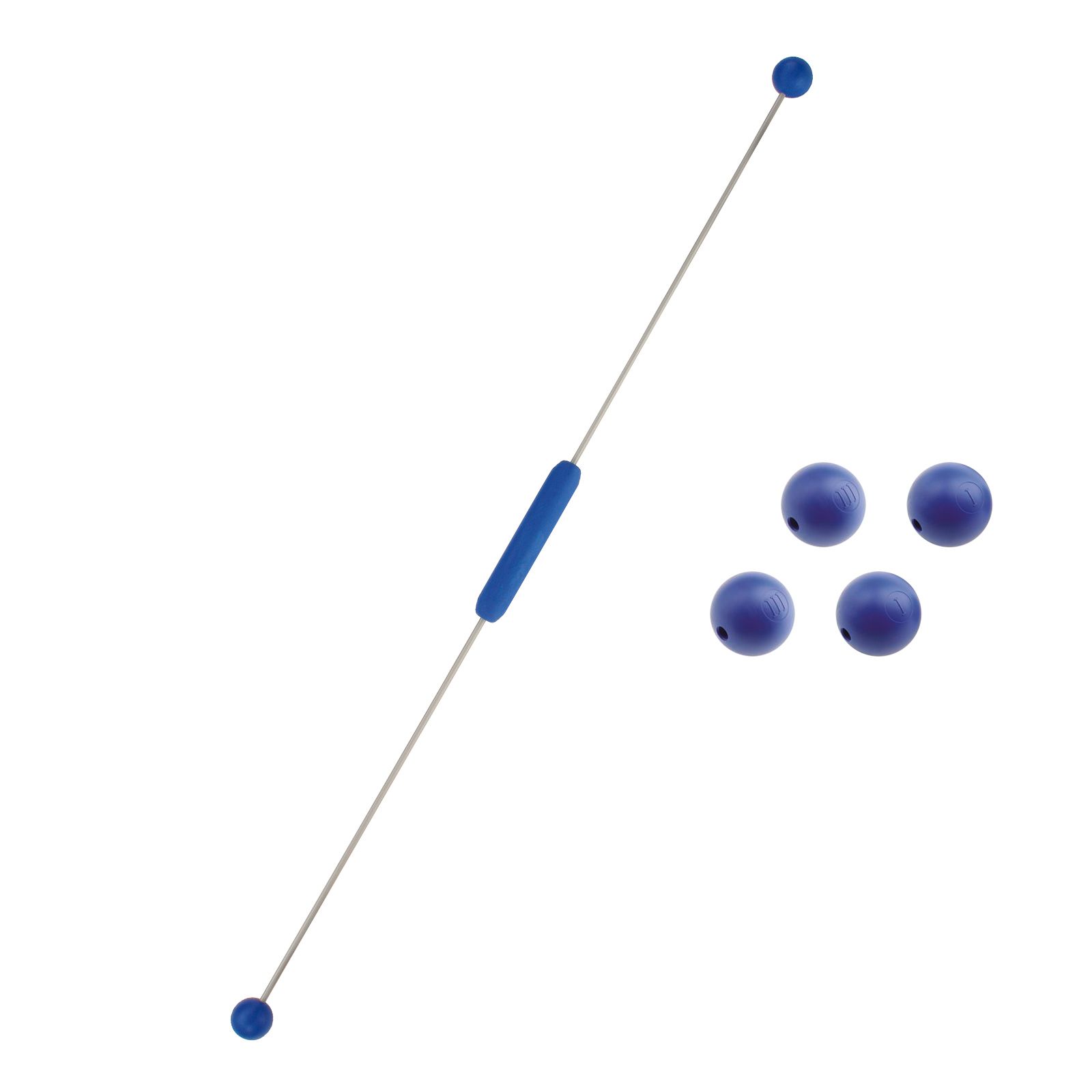 Schwingstab mit blauen Enden und Griff. Vier blaue Kugeln daneben.