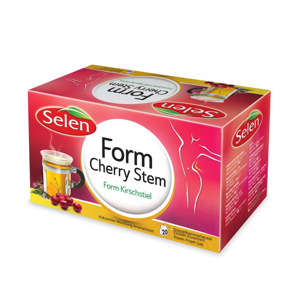 Verpackung von SELEN Form Kirsche. Rote Schachtel mit Produktnamen und Abbildung. Enthält 20 Teebeutel.