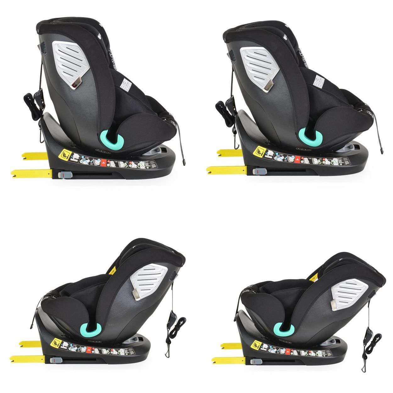 Schwarzer Kindersitz mit verstellbarer Kopfstütze, 5-Punkt-Gurt und ISOFIX-Haken.