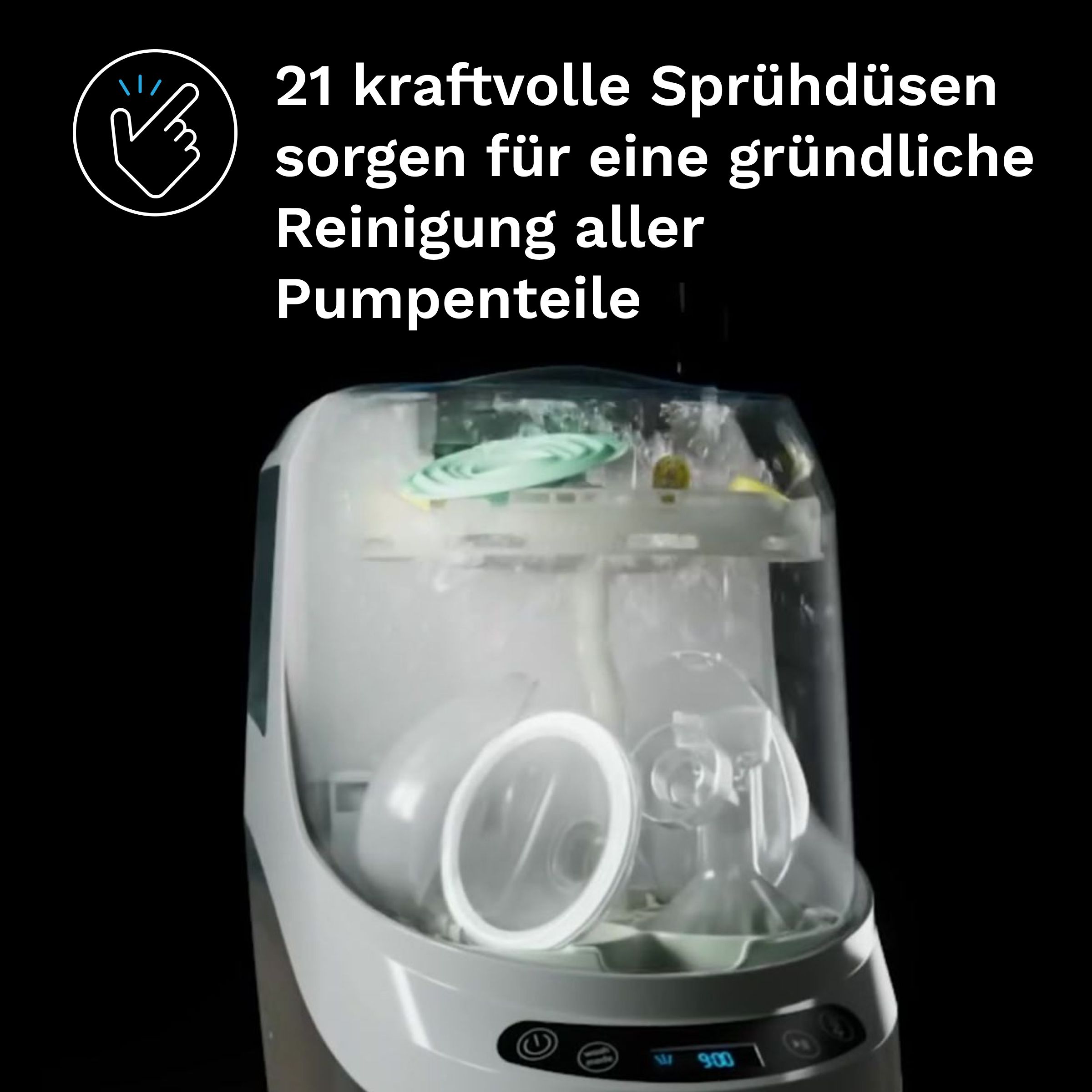 Gerät mit transparentem Deckel, Innenraum mit Pumpenteilen. Text: 21 Sprühdüsen sorgen für gründliche Reinigung.
