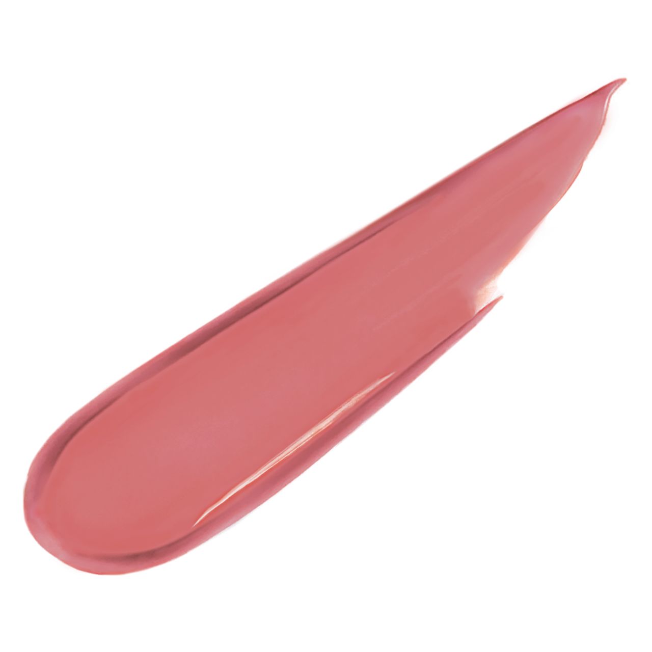 Ein rosafarbener Lippenstiftstrich auf weißem Hintergrund. Der Strich ist glänzend und hat eine abgerundete Form.