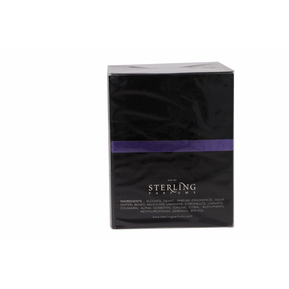 Schwarzer Karton mit Inhaltsstoffen. "Sterling Parfums". Lila Streifen.