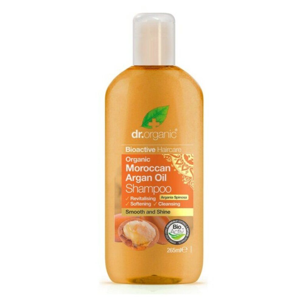 Braune Shampoo-Flasche. Aufschrift: Dr.Organic, Moroccan Argan Oil Shampoo. Mit weißem Deckel.