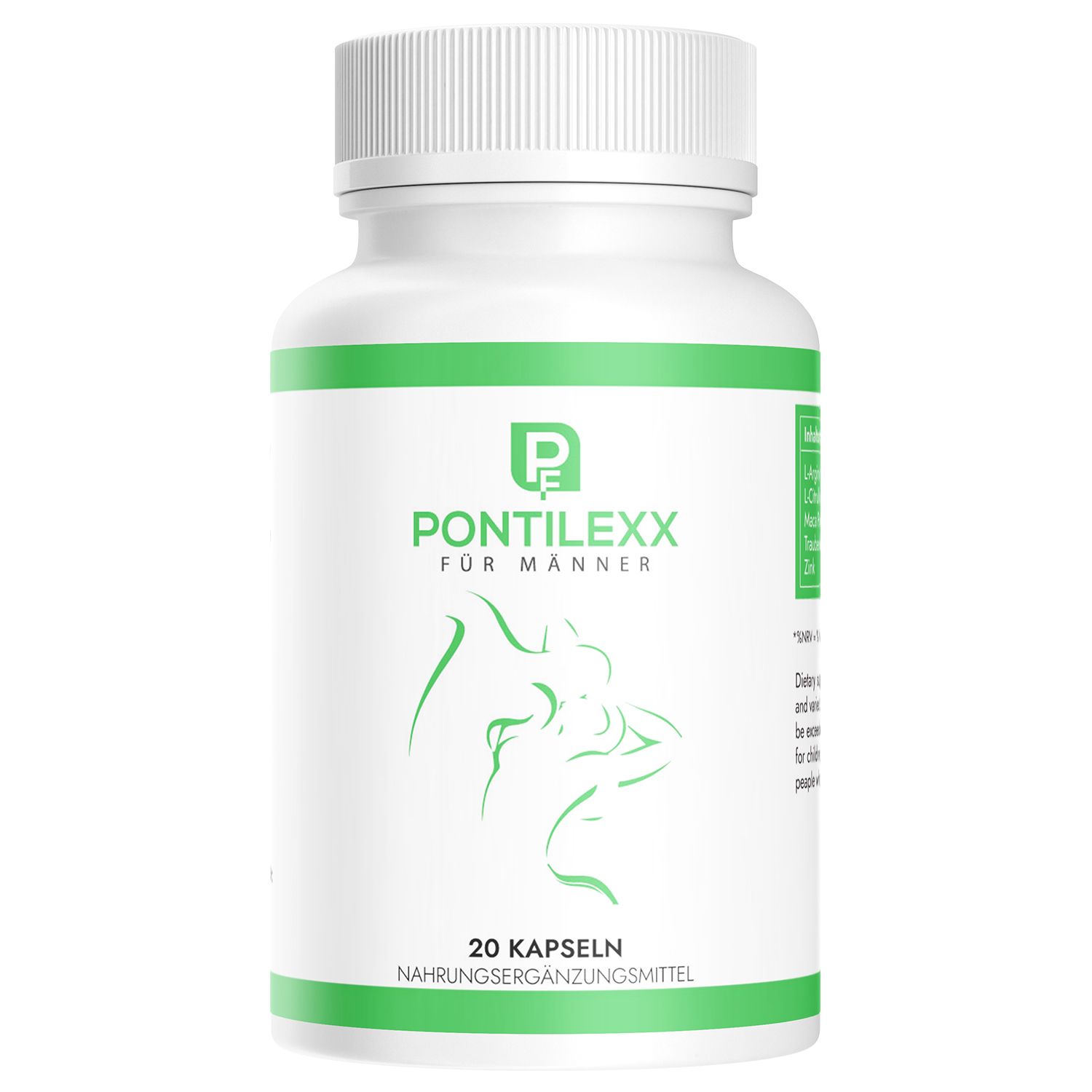 Weiße Kapsel-Dose mit grünem Etikett. Aufschrift: Pontilexx für Männer, 20 Kapseln. Logo: PF. Abbildung: Mann.