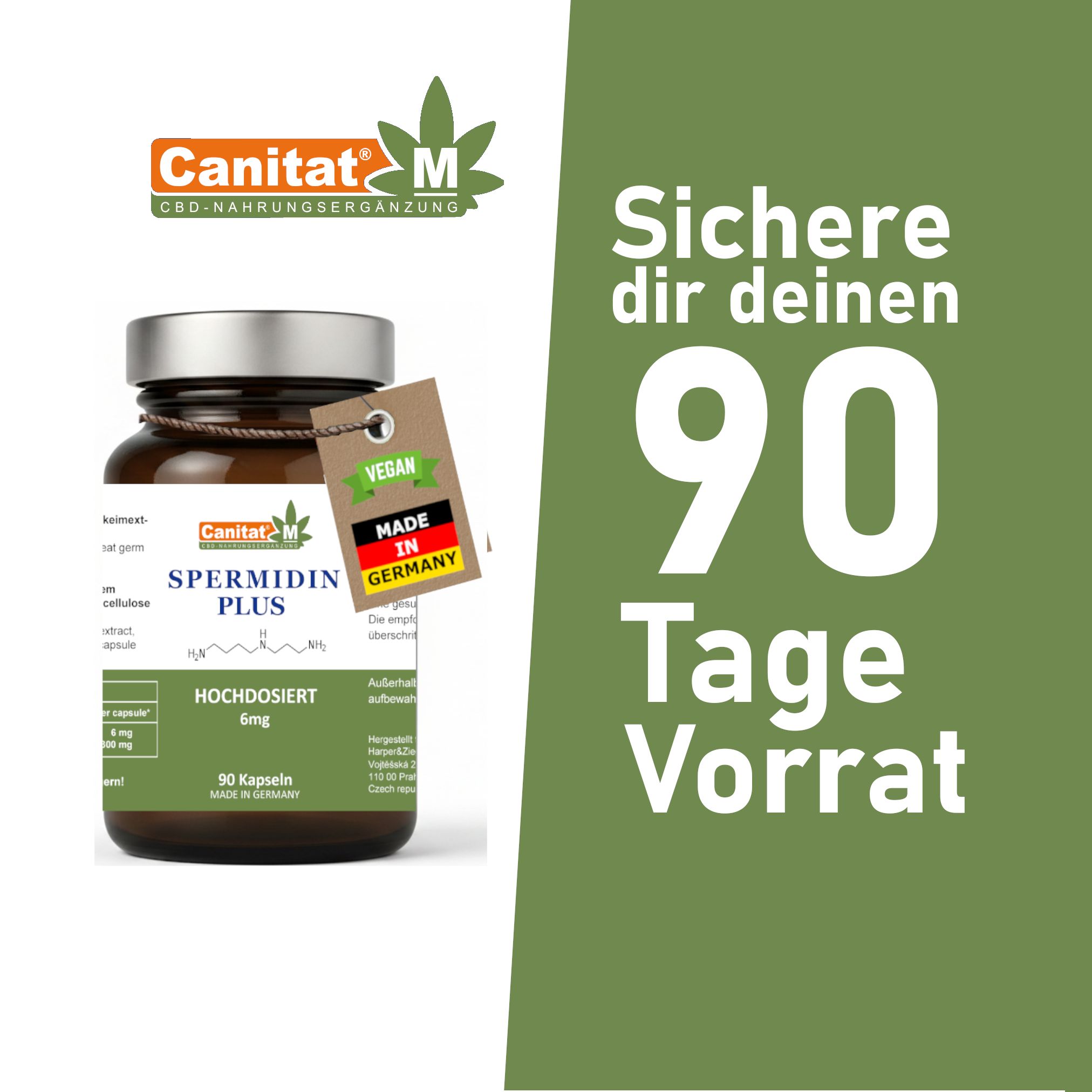 Braune Glasflasche mit Etikett: Spermidin Plus, 6mg, 90 Kapseln. Vegan-Siegel, Made in Germany. Text: 90 Tage Vorrat.