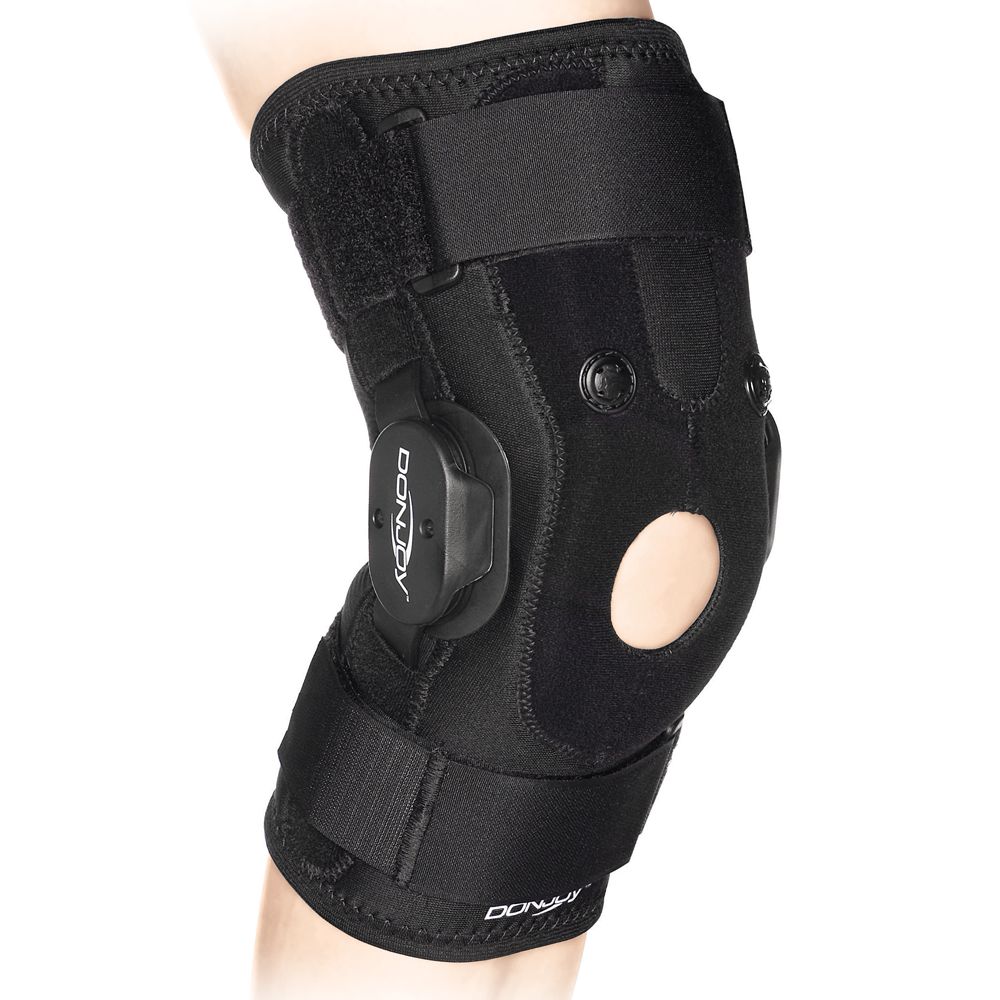 Schwarze Kniebandage mit Verstellmechanismus und Patella-Aussparung.