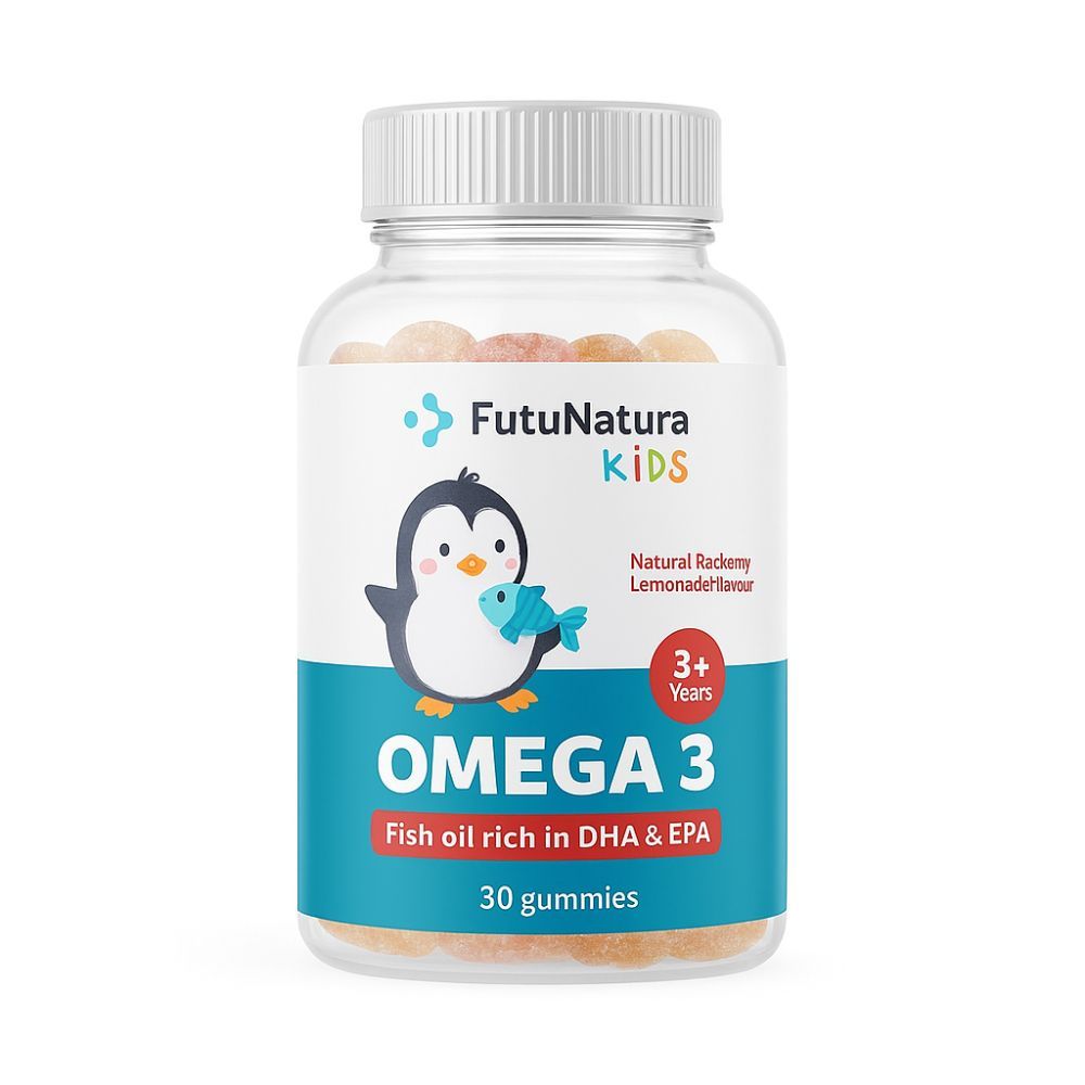 Flasche FutuNatura Kids Omega-3 Gummies. Etikett mit Pinguin-Illustration, Text: Omega 3, 3+ Jahre, 30 Gummies.