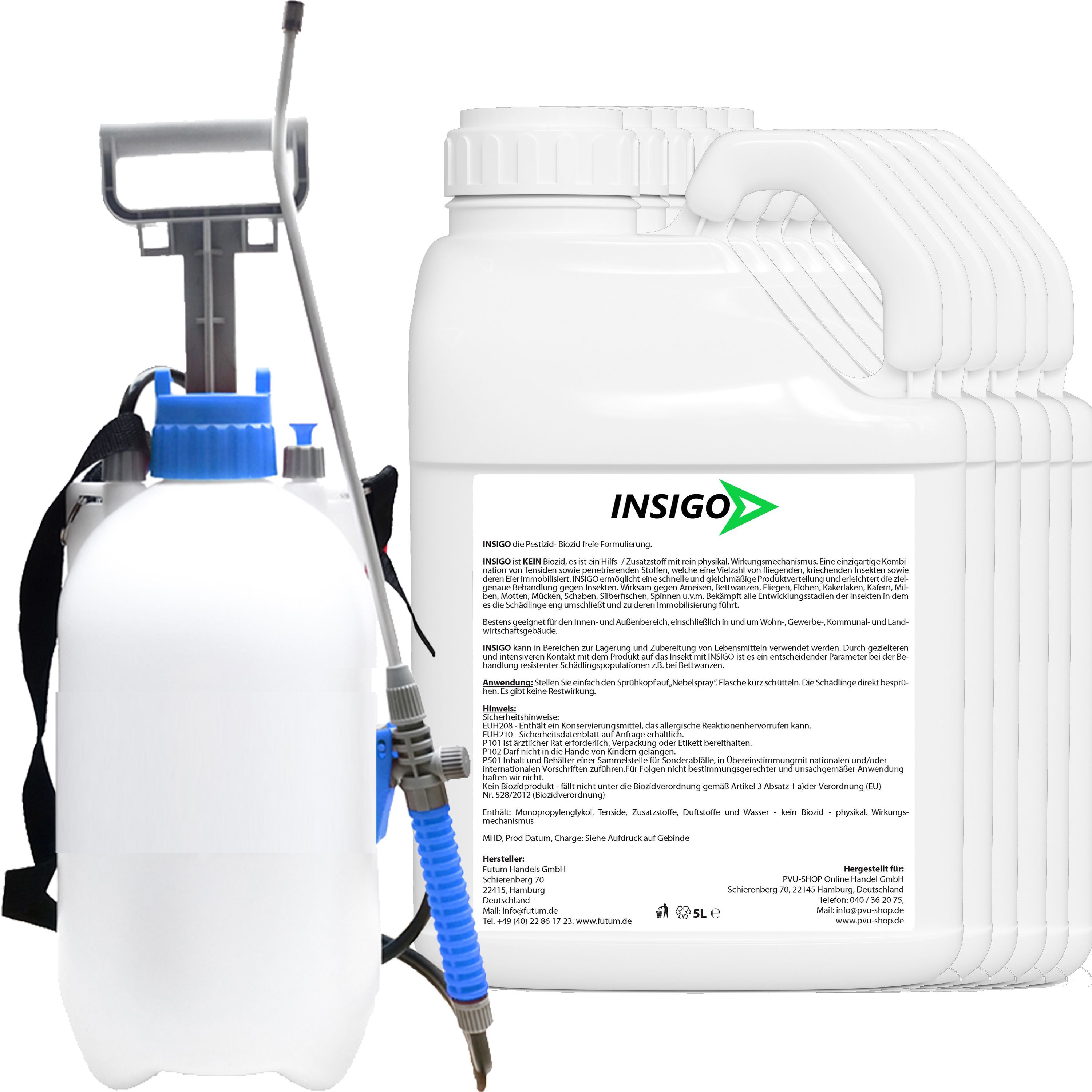 Weißer Behälter und Sprühgerät. Aufschrift INSIGO. Auf dem Behälter Text und Logo. Sprühgerät mit blauem Griff.