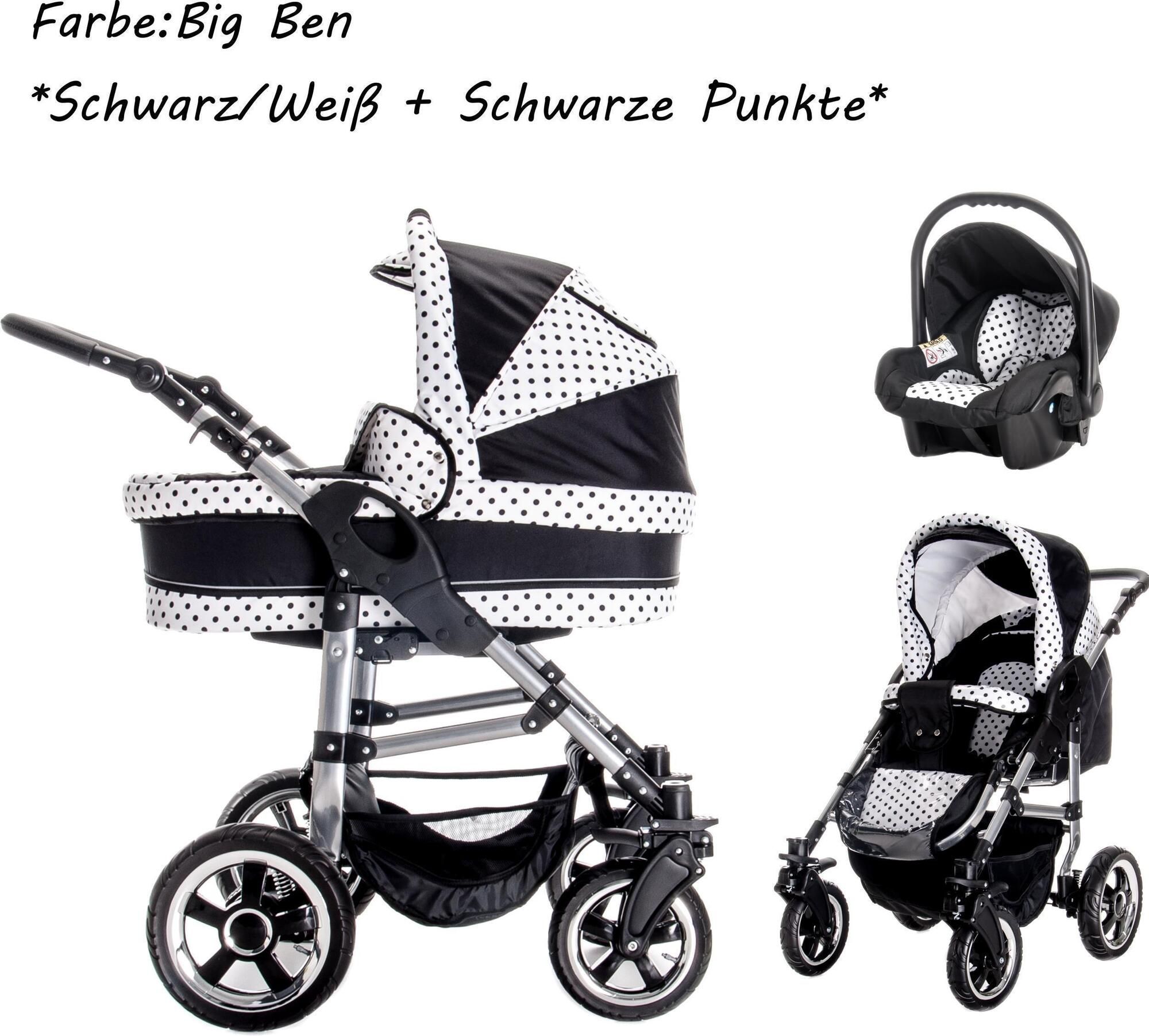 Kinderwagen mit schwarz-weißem Polka-Dot-Muster. Enthält Babywanne und Babyschale. Luftreifen und silberfarbenes Gestell.