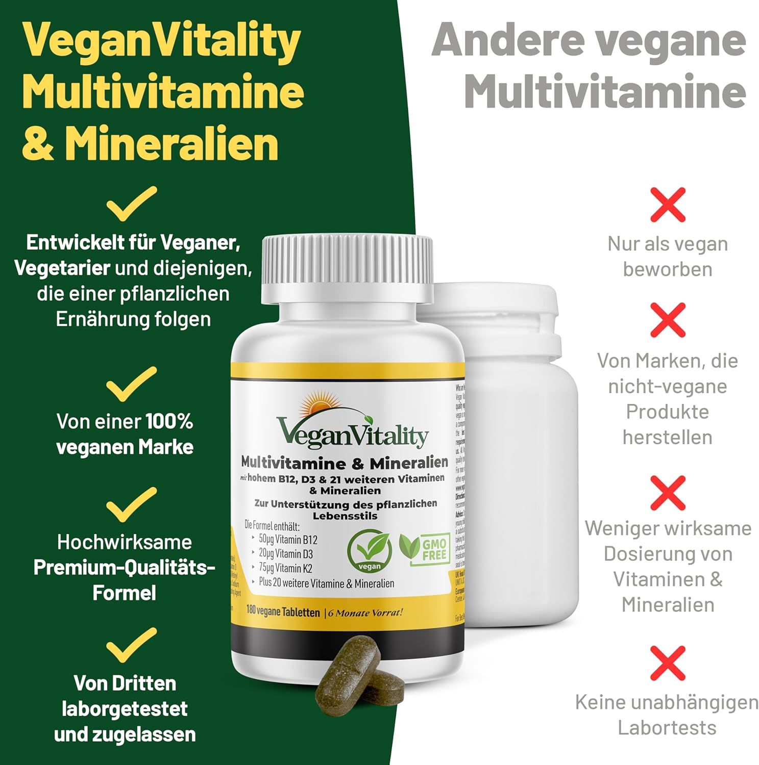 Zwei Flaschen Vegan Vitality Multivitamin & Mineralien. Eine geöffnet, Tabletten sichtbar. Aufschrift: Vegan, GMO Free. Vorteile für Veganer, Vegetarier.