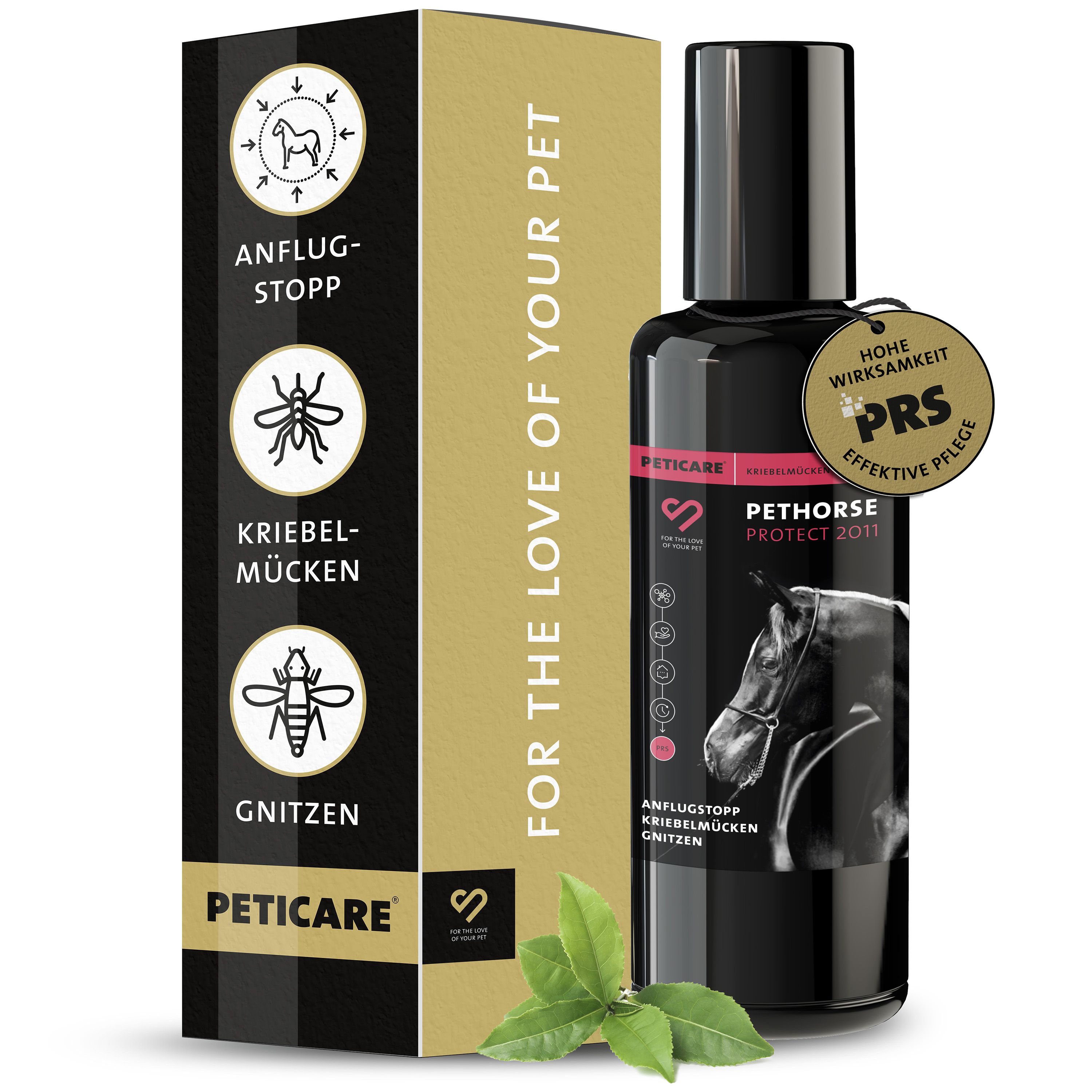 Produktverpackung mit Flasche und Box. Text: Für die Liebe zu Ihrem Haustier. Logos und Produktnamen. Blätter.