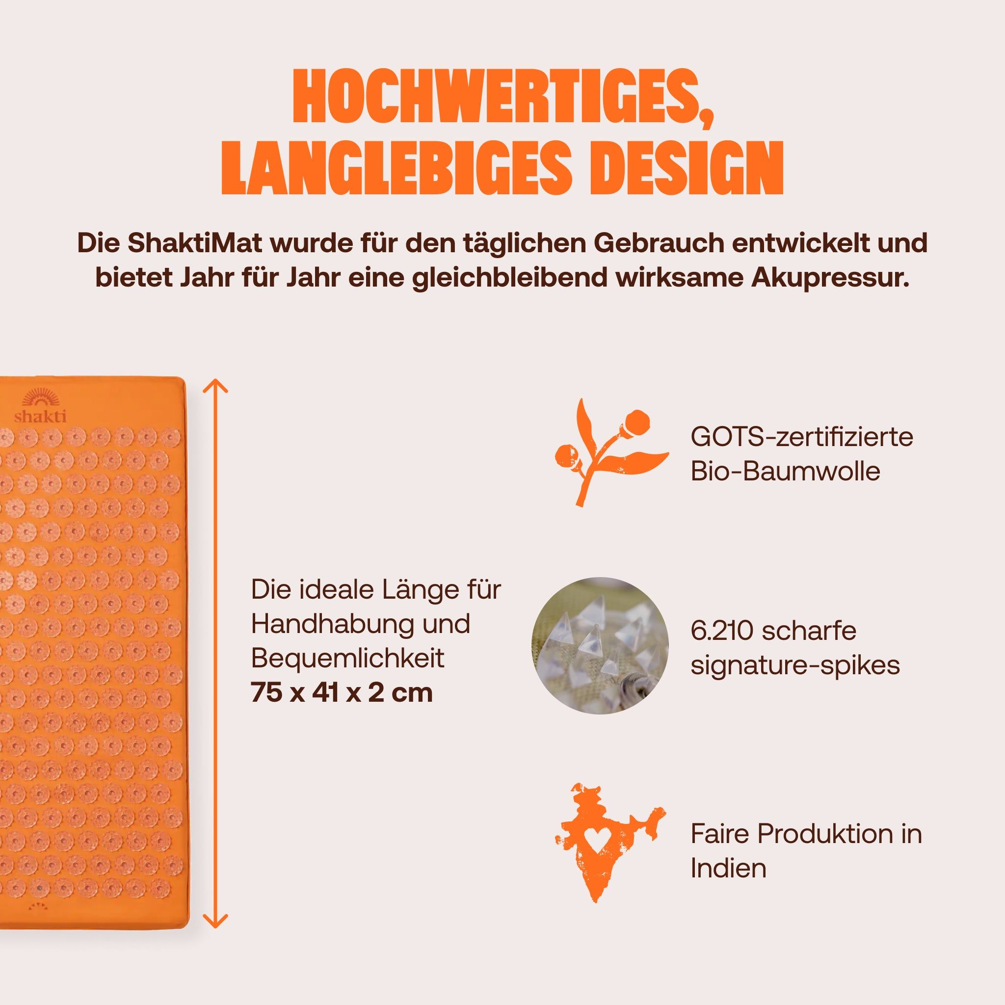 Orange Akupressurmatte mit Größenangabe (75x41x2 cm) und Zertifikaten.
