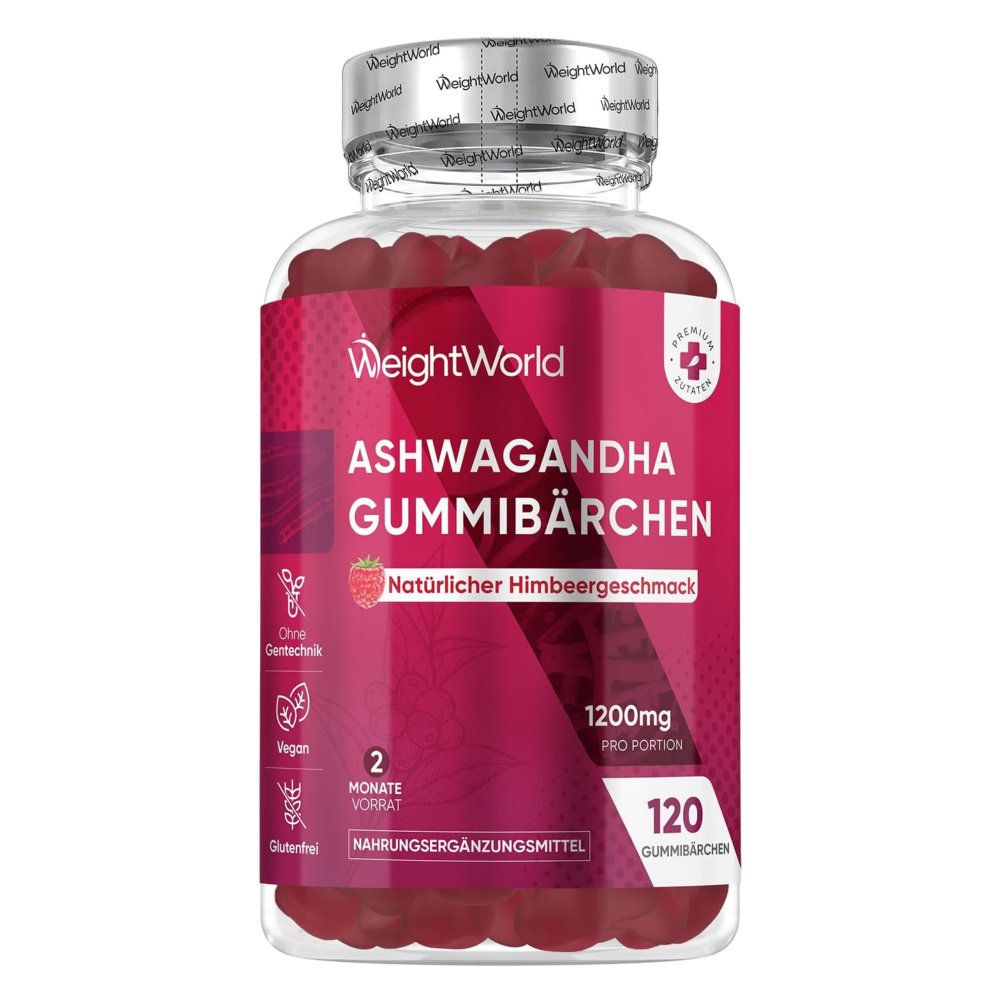 Klare Flasche mit roten Gummibärchen. Aufschrift: Ashwagandha Gummibärchen, 120 Gummibärchen, 1200mg pro Portion.