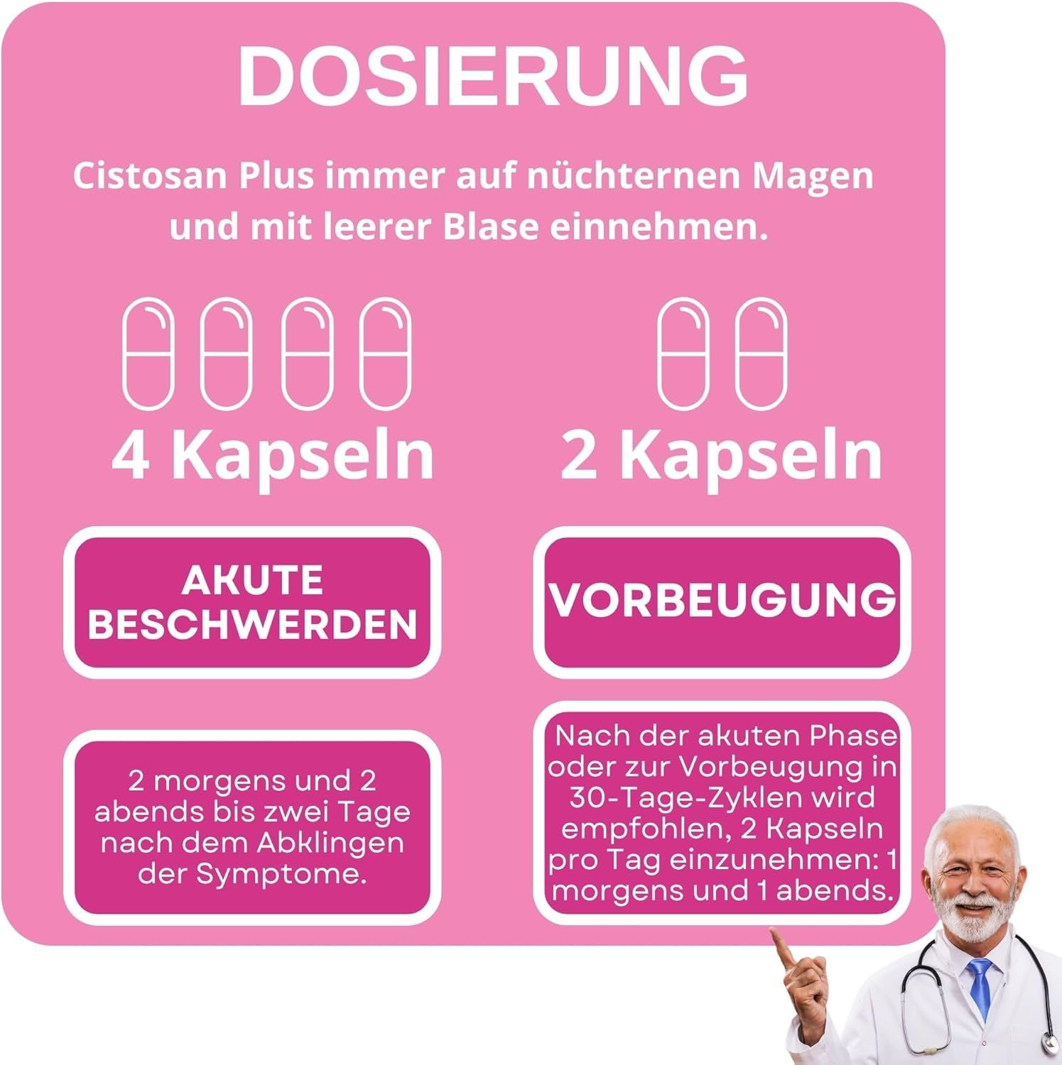 Dosierung: 4 Kapseln bei akuten Beschwerden, 2 morgens und abends. 2 Kapseln zur Vorbeugung, 1 morgens und abends. Arzt zeigt auf Dosierung.