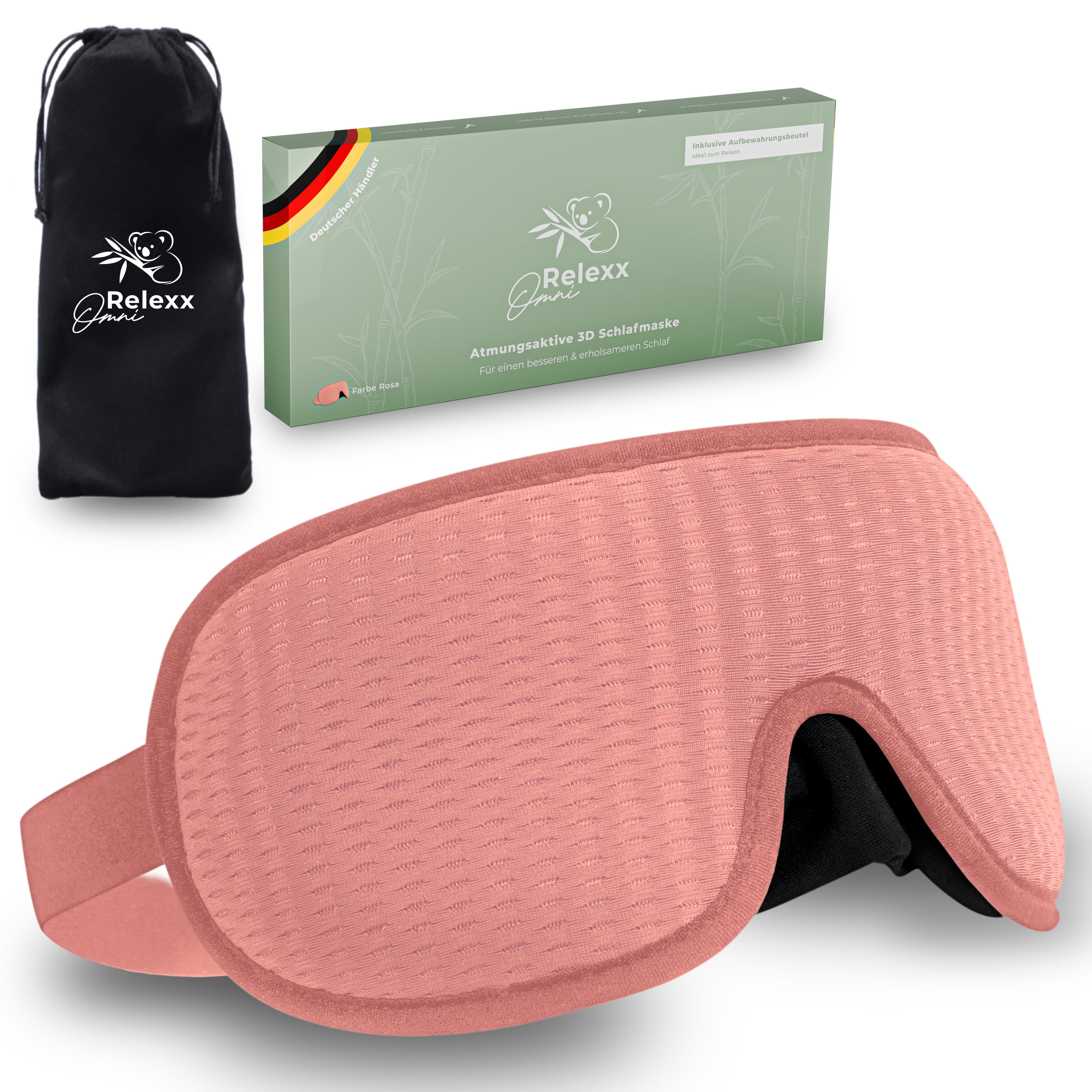 Rosa Schlafmaske, Reisebeutel und Verpackung. Maske mit verstellbarem Band. Marke Relexx Omni.