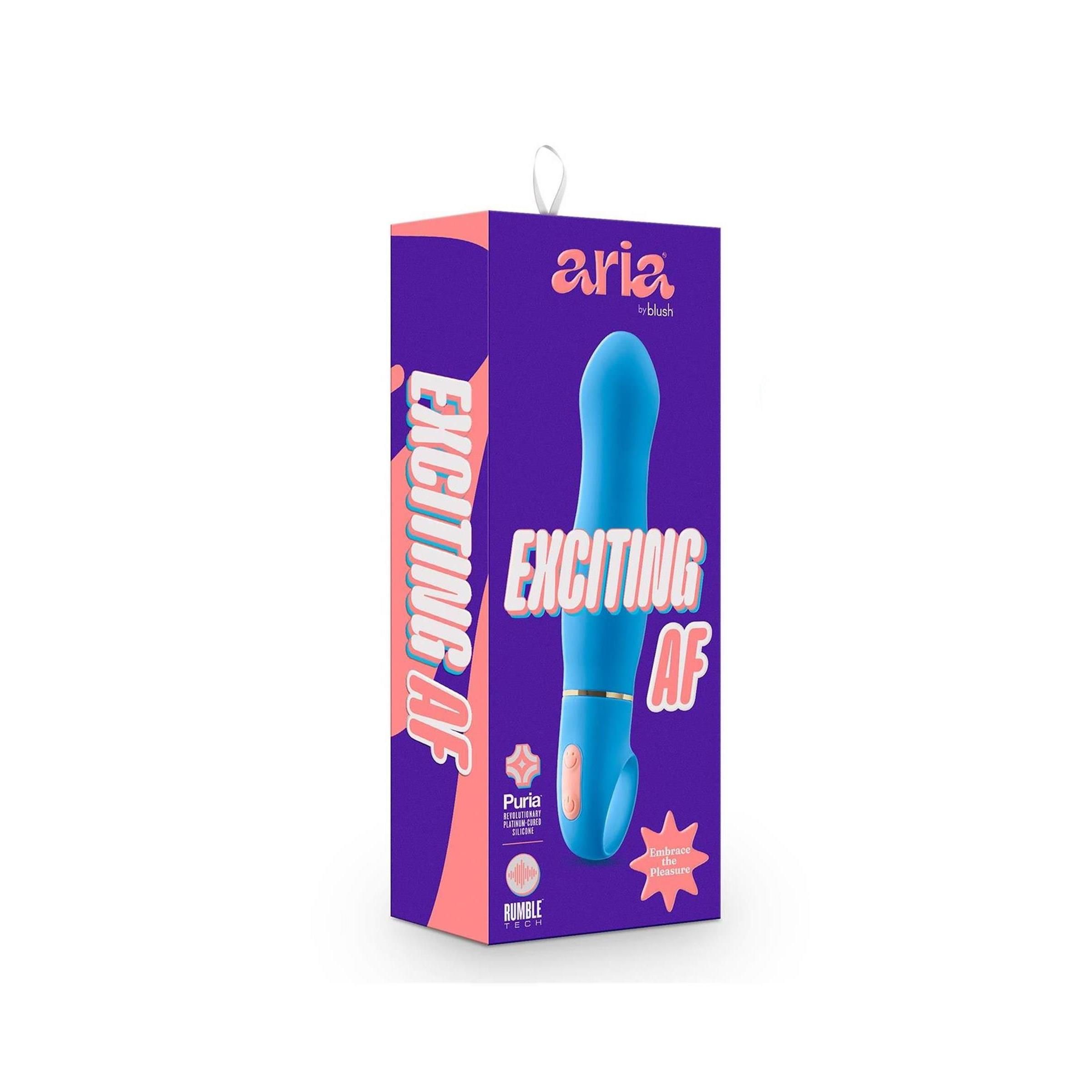 Verpackung für Wellness-Produkt. Lila Schachtel mit Produktabbildung. Schriftzug 'ARIA' und 'EXCITING AF'.